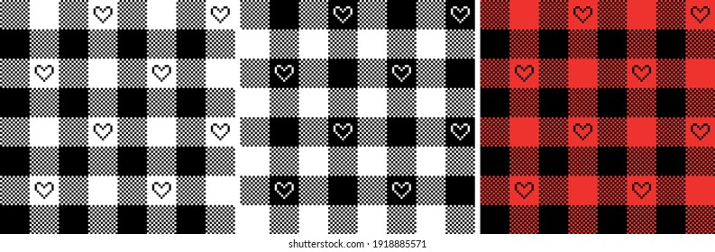 Gingham pattern set for Valentines Day with hearts in black, red, white. Seamless Scottish tartan vichy pixel check plaids for dress, tablecloth, gift wrapping, or other paper or textile print.