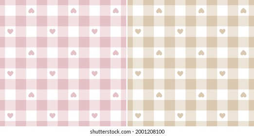 Gingham pattern set for Valentines Day with hearts in pink, beige, white. Seamless tartan vichy check plaid backgrounds for shirt, dress, pyjamas, napkin, tablecloth, picnic blanket, duvet cover.