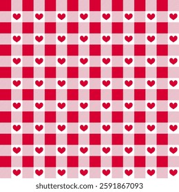 Gingham pattern, in shades of red and pink, with small heart shapes in the background. heart seamless pattern vector illustration,  doodle summer,  kids and baby designs for print fabric.