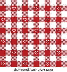 Gingham pattern for Valentines Day with pixel hearts in red white. Seamless Scottish tartan vichy pixel check plaid for dress, shirt, tablecloth, gift wrapping, or other trendy holiday print.