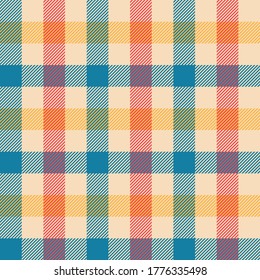Gingham Pattern Vector In Blue, Red, Yellow, Off White. Seamless Retro Vichy Textured Plaid For Tablecloth, Wallpaper, Or Other Modern Textile Print.