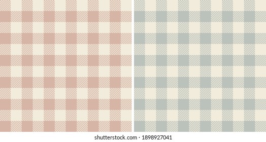 Gingham patterns in beige, pink, blue. Spring textured pastel old vichy check plaid graphic classic backgrounds for vintage dress, skirt, shirt, tablecloth, or other modern fashion fabric design.