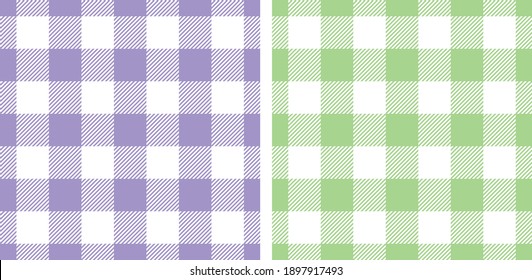 Gingham patterns in green and purple. Seamless colorful vichy backgrounds for picnic tablecloth, dress, skirt, or other modern spring and summer holiday textile design.