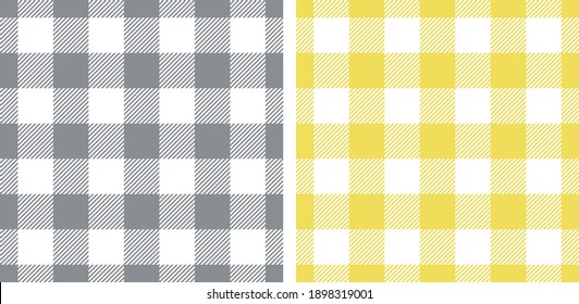 Gingham patterns in ultimate grey and illuminating yellow. Seamless vichy backgrounds for picnic tablecloth, dress, skirt, or other modern spring and summer holiday textile design.