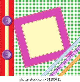 Gingham photo album cover or frame with ribbons and buttons. Scrapbook style EPS10 vector format. Space for your text or image