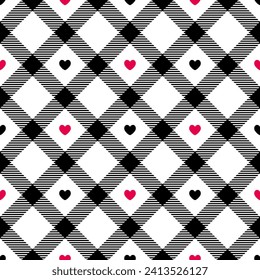 Gingham plaid pattern with hearts for Valentines Day. Vector background. Texture for print, textile, fabric.