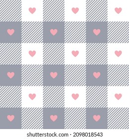 Gingham plaid pattern with love hearts for Valentines Day in pastel pink, grey, white. Seamless vichy tartan for pyjamas, dress, jacket, skirt, blanket, other spring summer fabric design.