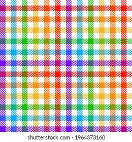 Gingham plaid pattern rainbow herringbone. Seamless colorful bright neon vichy buffalo tartan check in white, purple, blue, green, orange, red, yellow for modern spring autumn winter textile design.