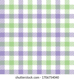 Gingham Plaid Pattern. Seamless Classic Vichy Check Plaid In Purple, Green, And White For Tablecloth, Oilcloth, Napkins, Or Other Modern Spring And Summer Textile Print.