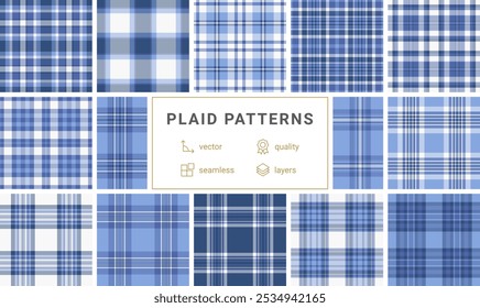 Gingham and plaid patterns in classic colors, great for fabric, material prints, and shirts with a trendy and rustic Scottish twist.