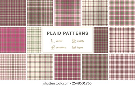 Gingham and plaid patterns in classic colors, great for fabric, material prints, and shirts with a trendy and rustic Scottish twist.