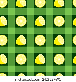 Gingham plaid, tartan fabric texture with lemon slices, vector seamless pattern. Tropical fruit checkered repeat pattern textile design, wallpaper, background.