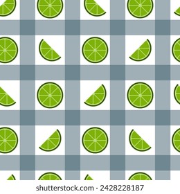 Gingham plaid, tartan fabric texture with lime slices, vector seamless pattern. Tropical fruit checkered repeat pattern textile design, wallpaper, background.