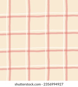 Gingham Plaid Vector Seamless Pattern. Red and white baby color checker background. pastel stripes all over print.  Cottagecore Garden design. Homestead Farmhouse Background. Pastel Summer Graphic 