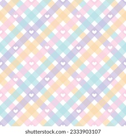 Gingham Plaids with hearts seamless pattern. Pastel tartan plaid vector background. Texture from squares for plaid, tablecloths, clothes, shirts, dresses, paper, bedding, blankets, quilts and more