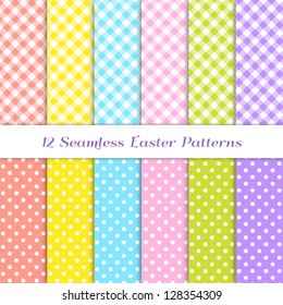 Gingham and Polka Dot Patterns in 6 Easter colors: coral / orange, yellow, pink, blue, grass green and purple / violet. Pattern Swatches with Global Colors - easy to change all patterns in one click.