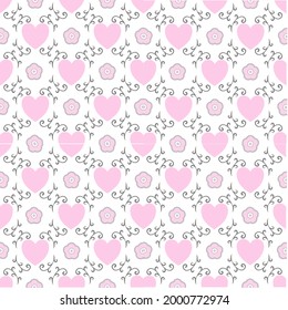 Gingham ,Scott seamless pattern sweet heart and flower .Texture from rhombus,squares for dress, paper,clothes,tablecloth.,net, Copy space, Valentine’s Day,greeting card for your text. Vector illustrat
