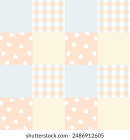 Gingham seamless patchwork kawaii pattern with hearts. Tartan check for tablecloths, napkins, clothes, packaging, for Easter holiday. Cute childish vector background, pastel palette