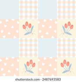 Gingham seamless patchwork kawaii pattern with hearts and tulips. Tartan check for tablecloths, napkins, clothes, packaging, for Easter holiday. Cute childish vector background, pastel palette