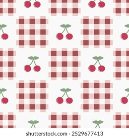 Gingham seamless patchwork pattern with hand-drawn cherry berries. Tartan check for tablecloths, napkins, packaging, textile, baby clothes, fabric, card, paper gift, phone case, stationery.