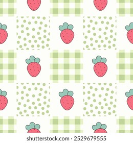 Gingham seamless patchwork pattern with hand-drawn Strawberry berries. Tartan check for tablecloths, napkins, packaging, textile, baby clothes, fabric, card, paper gift, phone case, stationery.