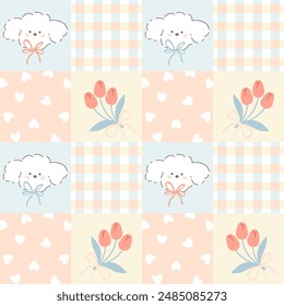 Patrón de patchwork sin costuras con perro caniche kawaii y tulipanes. Tartán comprobar para manteles, servilletas, ropa, embalaje, para las vacaciones de Semana Santa. Fondo lindo del Vector infantil, paleta de pastel