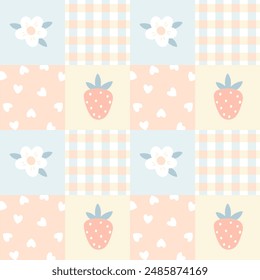 Gingham seamless patchwork pattern with kawaii flowers and Strawberry berries. Tartan check for tablecloths, napkins, clothes, packaging. Cute nursery childish vector background, pastel palette