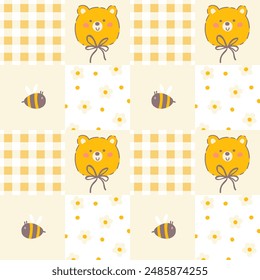 Gingham nahtlose Patchwork-Muster mit Kawaii-Bär und Bienen mit Kamillenblüten. Schottenprüfung für Tischdecken, Servietten, Kleidung, Verpackung. Netter kindlicher Vektorgrafik Hintergrund, Pastellpalette