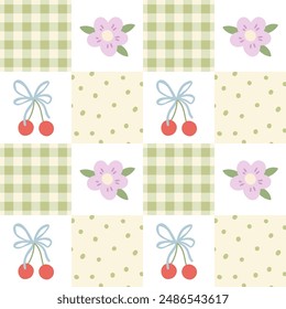 Gingham seamless patchwork pattern with kawaii violet flowers and cherry berries. Tartan check for tablecloths, napkins, clothes, packaging. Cute nursery childish vector background, pastel palette