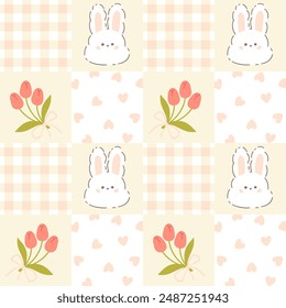 Gingham seamless patchwork pattern with kawaii bunny rabbit and tulips. Tartan check for tablecloths, napkins, clothes, packaging, for Easter holiday. Cute childish vector background, pastel palette