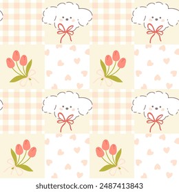 Gingham nahtlose Patchwork-Muster mit Kawaii Pudel Hund und Tulpen. Tartan Check für Tischdecken, Servietten, Kleidung, Verpackung, für Ostern Urlaub. Netter kindlicher Vektorgrafik Hintergrund, Pastellpalette