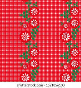 Gingham seamless pattern.  Gingham background with a combination of floral designs. Vector illustrations. Texture from squares/ rhombus for - tablecloths, blanket, plaid, cloths, shirts, textiles.