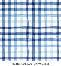 Gingham seamless pattern. blue watercolors checkered plaid, rustic tartan background, vector summer picnic textile, rustic farmhouse print