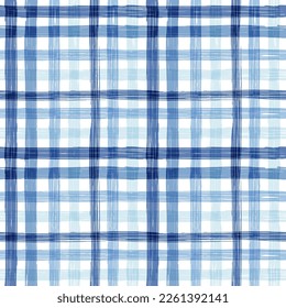 Gingham seamless pattern. blue watercolors checkered plaid, rustic tartan background, vector summer picnic textile print
