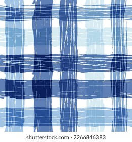 Gingham seamless pattern. blue watercolors checkered plaid, rustic tartan background, vector summer picnic textile, rustic farmhouse print