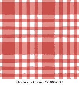 Gingham Seamless Pattern. Red Watercolor Table Cloths, Painted Tartan. Brush Strokes Texture For Plaid. Vector Checkered Summer Picnic Print