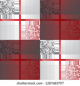 Gingham seamless pattern or scotland fabric with parallel and crossing lines. Trendy black and red checkered geometric endless background