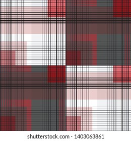 Gingham seamless pattern or scotland fabric with parallel and crossing lines. Trendy black and red checkered geometric endless background