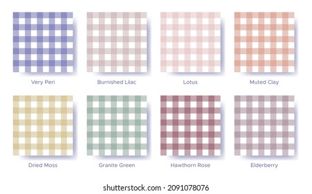 Gingham seamless pattern set in the color of 2022 Very Peri. Sample color guide palette catalog of swatches. Matching shades for fashion trends - balancing vichy. Vector illustration for fabric