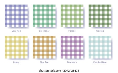 Gingham seamless pattern set in the color of 2022 Very Peri. Sample color guide palette catalog of swatches. Matching shades for fashion trends - spring vichy. Vector illustration for fabric, textile