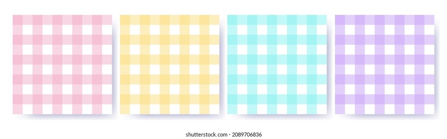 Gingham seamless pattern set in pastel colors. Vichy design for Easter holiday textile decorative. Checked pattern for fabric - picnic blanket, tablecloth, dress, napkin. Vector illustration isolated.