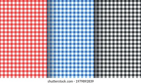 Gingham seamless pattern set. Red, blue, black and white checkered textures for picnic blanket, tablecloth, plaid. Fabric geometric background collection. Vector flat illustration