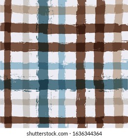 Gingham seamless pattern. watercolor blue, brown and ocher strokes texture for textile: shirts, plaid, tablecloths, clothes, bedding, blankets, paper. vector checkered summer male print
