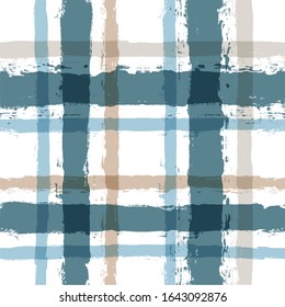 Gingham seamless pattern. watercolor blue, brown and ocher strokes texture for textile: shirts, plaid, tablecloths, clothes, bedding, blankets, paper. vector checkered summer male print