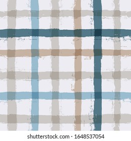 Gingham nahtloses Muster. Aquarellblau, braun und ockerfarbene Striche Textur: Hemden, Decken, Tischdecken, Kleidung, Bettwäsche, Decken, Papier. Vektorillustration-Schachbrettmuster-Druck