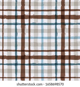 Gingham nahtloses Muster. Aquarellblau, braun und ockerfarbene Striche Textur: Hemden, Decken, Tischdecken, Kleidung, Bettwäsche, Decken, Papier. Vektorillustration-Schachbrettmuster-Druck
