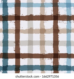 Gingham seamless pattern. watercolor blue, brown and ocher strokes texture for textile: shirts, plaid, tablecloths, clothes, bedding, blankets, paper. vector checkered summer male print