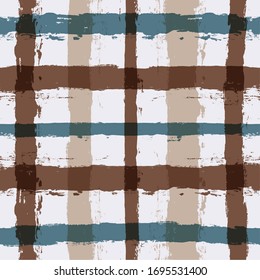 Gingham seamless pattern. watercolor blue, brown and ocher strokes texture for textile: shirts, plaid, tablecloths, clothes, bedding, blankets, paper. vector checkered summer male print