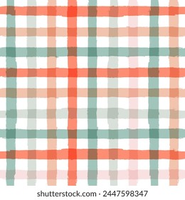 Gingham seamless pattern. Watercolor pastel plaid ornament. Brush stripes tartan texture for shirts, tablecloths, clothes, bedding, blankets. Vector checkered summer girly print
