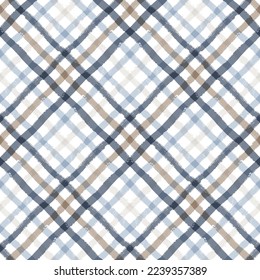 Patrón sin fisuras de Gingham. rayas diagonales de manto de color agua, líneas de pincel de pintura a cuadros vectoriales. Textura de tartán para manteles de picnic de primavera, camisas, mantas, ropa, mantas, papel.